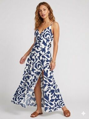 MSK Blue White Abstract Print Maxi Dress Coastal Chic Resortwear Twist Front MED